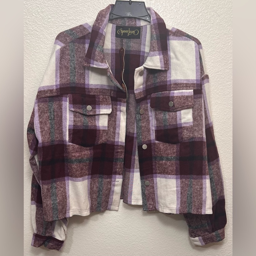 NWT Spoonjeans Plaid Cropped Jacket size 2X Purple Black White Burgundy
